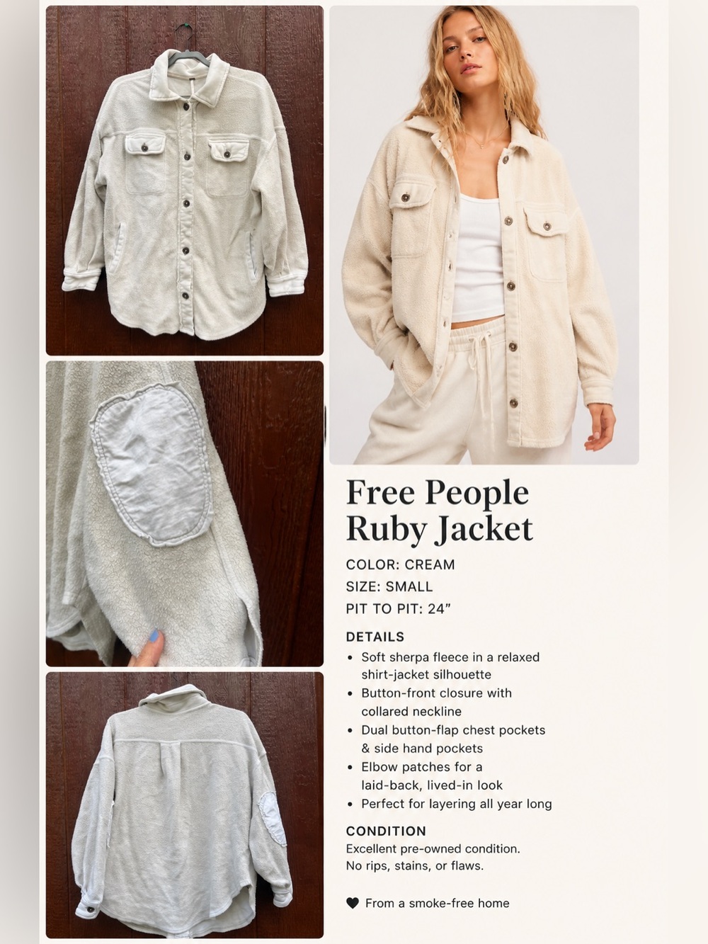 Free People Ruby Jacket Cream Sherpa Fleece Shacket Sz Small Oversized Boho Cozy